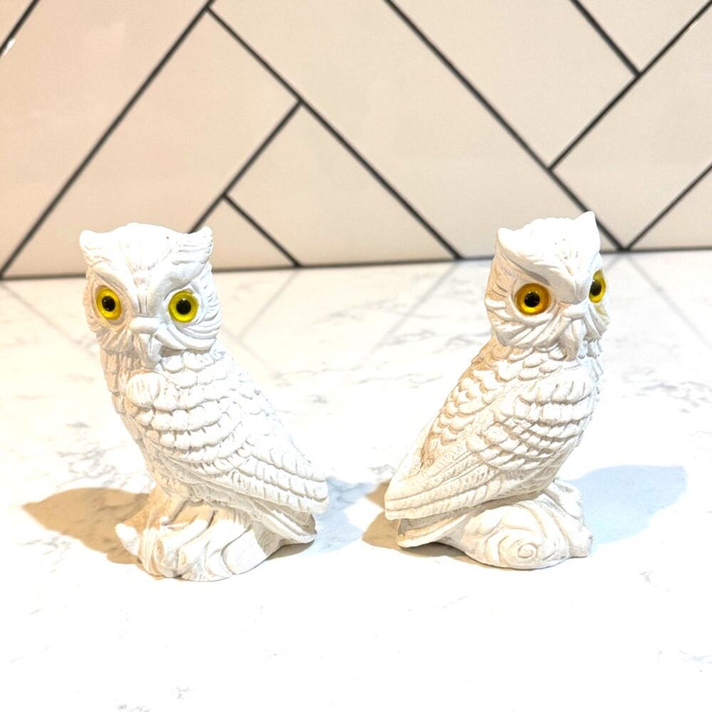 Alabaster White Vintage Italian Salt Stone Owl Figurines x2 yellow glass eyes